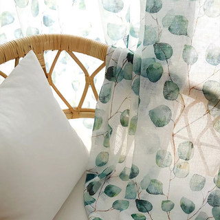 Misty Eucalyptus Green Leaf Watercolour Floral Voile Curtains