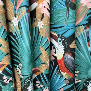 Tropical Toucan Paradise Red Green Multicolour Linen Style Blackout Curtain 2