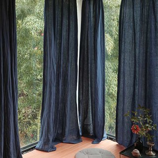 Wabi Sabi Pure Flax Linen Navy Blue Voile Curtain