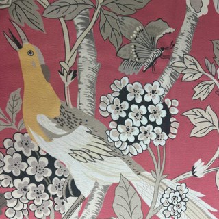 Birds & Blossoms Chinoiserie Coral Red Floral Velvet Curtain 1