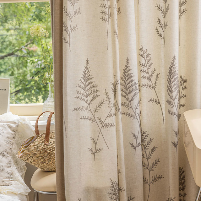 Fern of Eden Embroidered Leaf Linen Cotton Blend Curtain 1