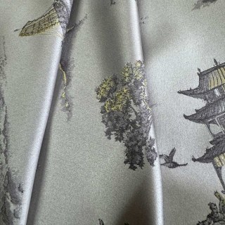 Pagoda & Junk Boat Chinoiserie Cream Satin Floral Curtain