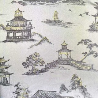 Pagoda & Junk Boat Chinoiserie Cream Satin Floral Curtain 3