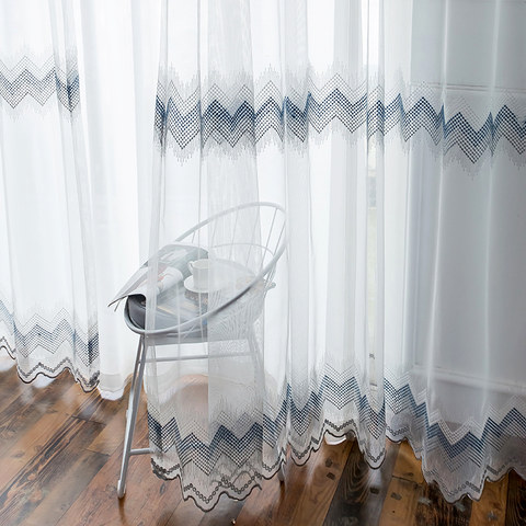 Zigzag blanc bleu et gris sheer voile Rideaux avec le détail brodé point et le bord pétoncle 1