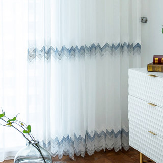 Zigzag blanc bleu et gris sheer voile Rideaux avec le détail brodé point et le bord pétoncle 5