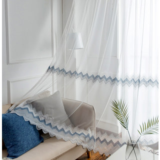 Zigzag blanc bleu et gris sheer voile Rideaux avec le détail brodé point et le bord pétoncle 2