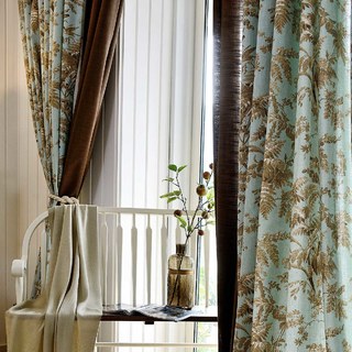 Pays français Retro Bleu et Brun Magpie Bird Rideau floral de Fern 2