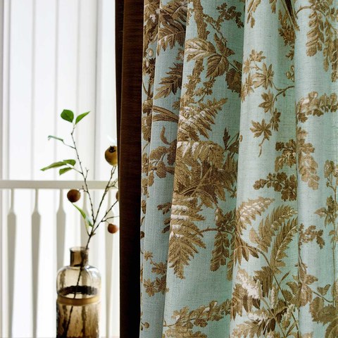 Pays français Retro Bleu et Brun Magpie Bird Rideau floral de Fern 1