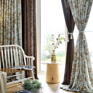 Pays français Retro Bleu et Brun Magpie Bird Rideau floral de Fern 3