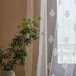Design néoclassique Damask Blanc Brodé Sheer Voile Rideau