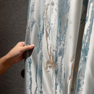 Mauvaise pluie Jacquard Crème de soie faux & Rideau floral bleu pastel avec des détails dorés 5