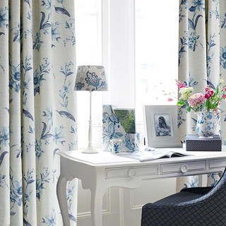 Français Iris Porcelaine Bleu & Blanc Lin Style Rideau floral 1