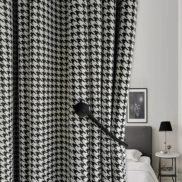 Houndstooth Patterned noir et blanc Rideau noir 1