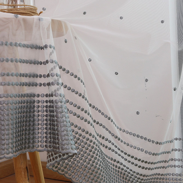 Bleu brodé Gris pointillé Dot Voile Rideau 1