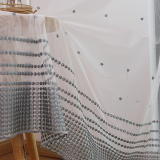 Bleu brodé Gris pointillé Dot Voile Rideau 1