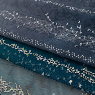 Bleu Pacifique Ombre Brodé Floral Voile Rideau 6