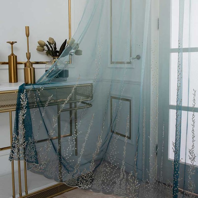 Bleu Pacifique Ombre Brodé Floral Voile Rideau 1