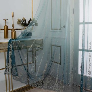 Bleu Pacifique Ombre Brodé Floral Voile Rideau 1