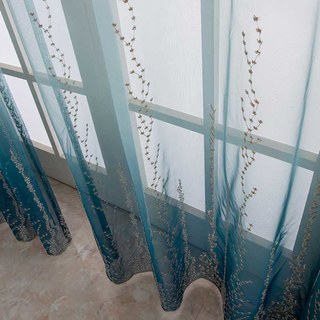 Bleu Pacifique Ombre Brodé Floral Voile Rideau 2