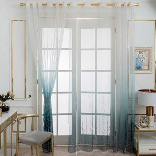 Bleu Pacifique Ombre Brodé Floral Voile Rideau 5