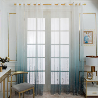 Bleu Pacifique Ombre Brodé Floral Voile Rideau 4