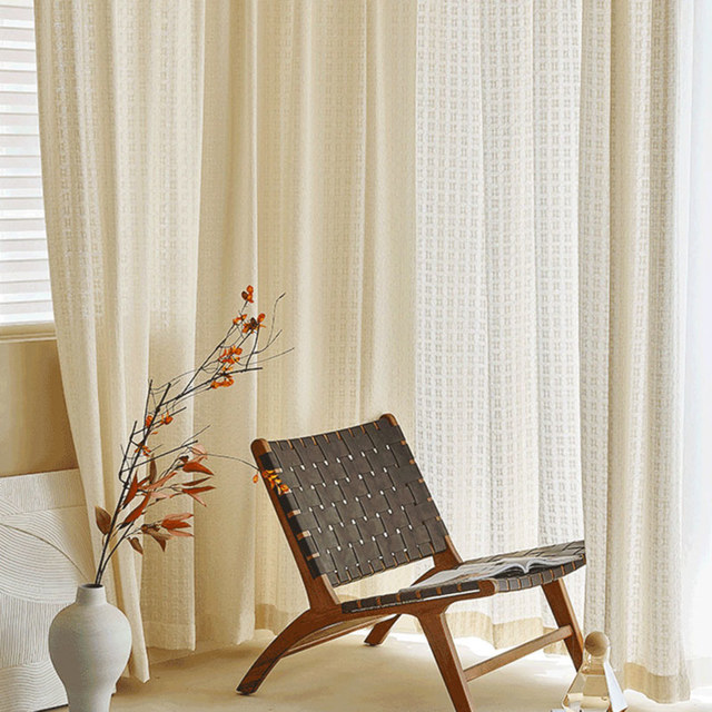 Coton tricoté tissé mélange Basketweave crème à motifs semi-sheer Voile Rideau 1