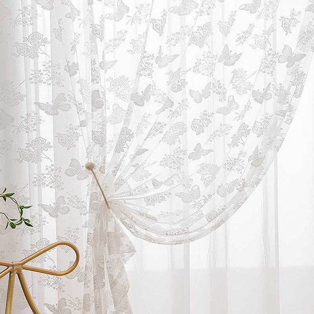 Rose et Papillon Ivoire Blanc Jacquard Floral Dentelle Rideau en Tulle 1