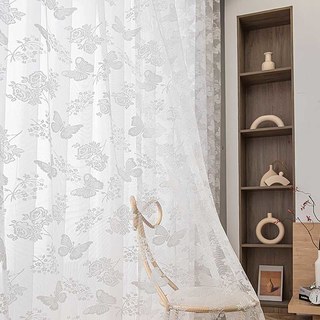 Rose et Papillon Ivoire Blanc Jacquard Floral Dentelle Rideau en Tulle 2
