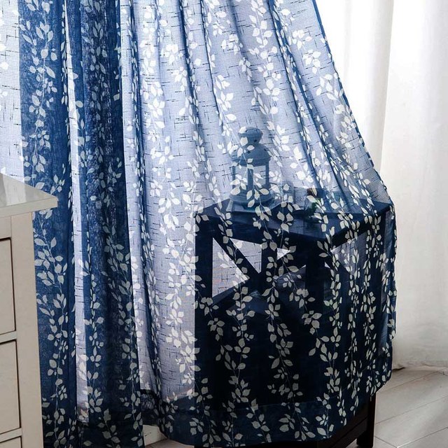 Pascal Navy Bleu Imprimé de la vigne Rideau Semi Sheer Voile 1