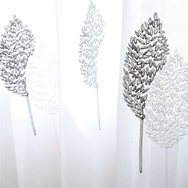Feuilles de Banyan brodées gris et blanc Rideau voilé 1