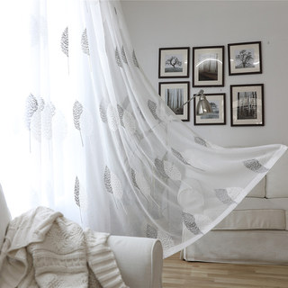 Feuilles de Banyan brodées gris et blanc Rideau voilé 2