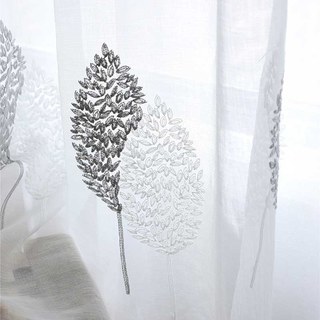 Feuilles de Banyan brodées gris et blanc Rideau voilé 5