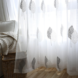 Feuilles de Banyan brodées gris et blanc Rideau voilé 4