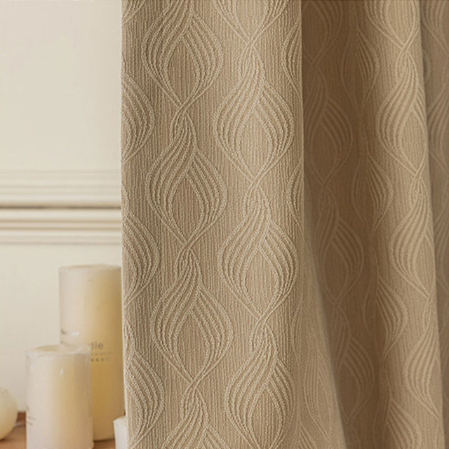 Graceful Ogee Chenille Geometric Moka Light Brown Blackout Curtain 1