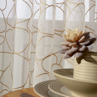 Pebble Beach Gold Broded Circles Ivory White Voile Rideau 2