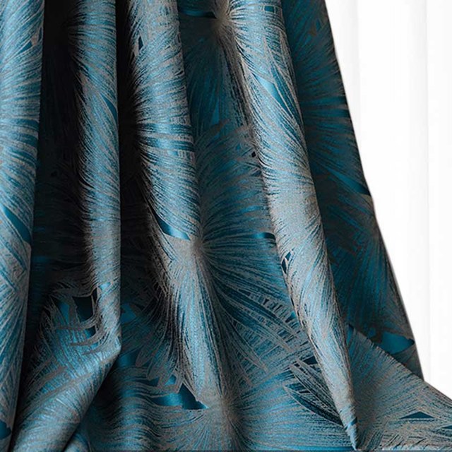 Feuilles de palmier éventail Rideau occultant jacquard de luxe turquoise et noir 1