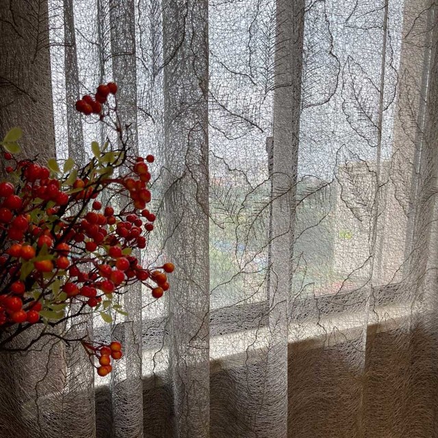 Feuilles d'or Brodées Gris Mesh Net Rideau 1