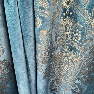 Patrimoine bleu de luxe et doré rideau de velours damask 2