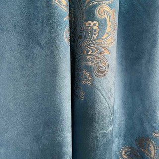 Patrimoine bleu de luxe et doré rideau de velours damask 5