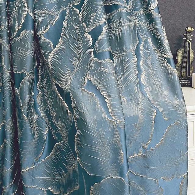 Paradise Luxury 3D Jacquard feuilles tropicales Rideau bleu d'oeuf de canard avec des détails dorés 1