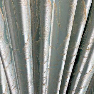Paradise Luxury 3D Jacquard Feuilles tropicales Rideau bleu pastel avec des détails dorés 6