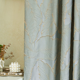Paradise Luxury 3D Jacquard Feuilles tropicales Rideau bleu pastel avec des détails dorés