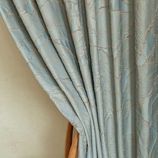 Paradise Luxury 3D Jacquard Feuilles tropicales Rideau bleu pastel avec des détails dorés 3