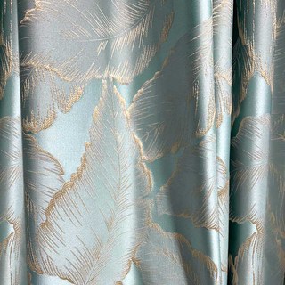Paradise Luxury 3D Jacquard Feuilles tropicales Rideau bleu pastel avec des détails dorés 7