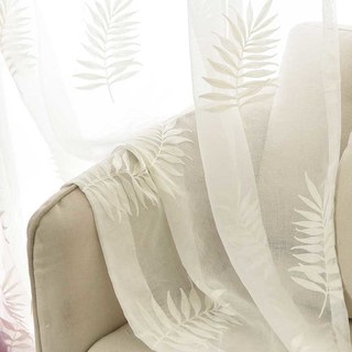 Leafy Whispers Broded Ivory White Voile Rideau