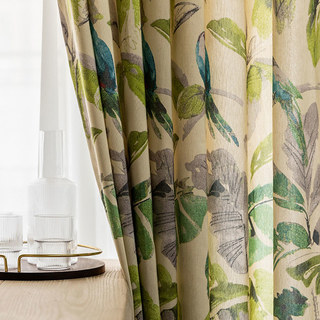 Verde Vista Feuilles tropicales et perroquets Rideau vert 2