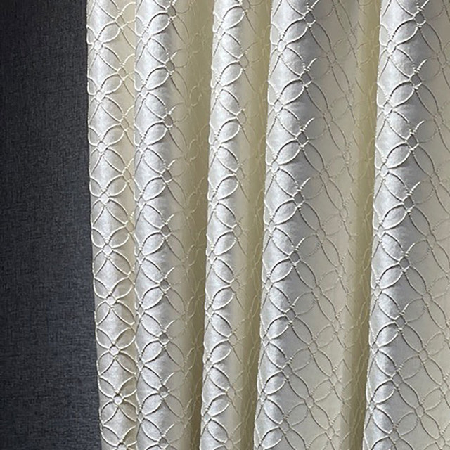 Belle Fleur 3D Jacquard Quatrefoil Rideau à crème beige avec des détails dorés 1
