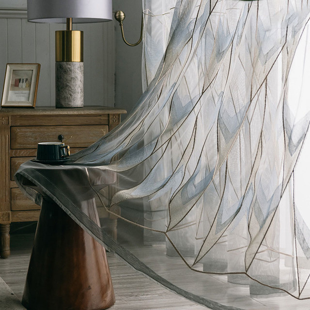 Géometrica Brodé bleu brillant or gris voile rideau 1
