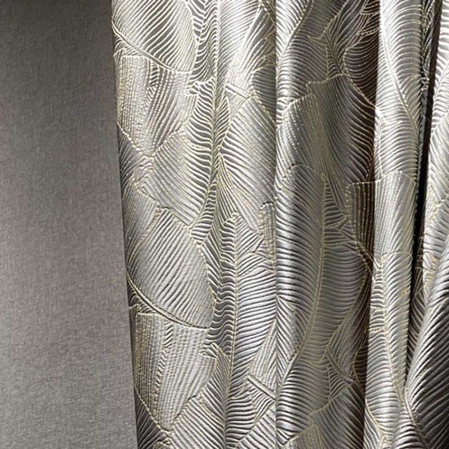 Banana Leaves Luxury 3D Jacquard Rideau gris argent avec détails or 1
