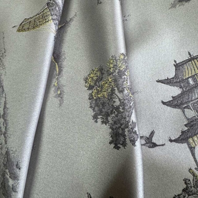Pagode & Junk Boat Chinoiserie Rideau floral Satin crème 1